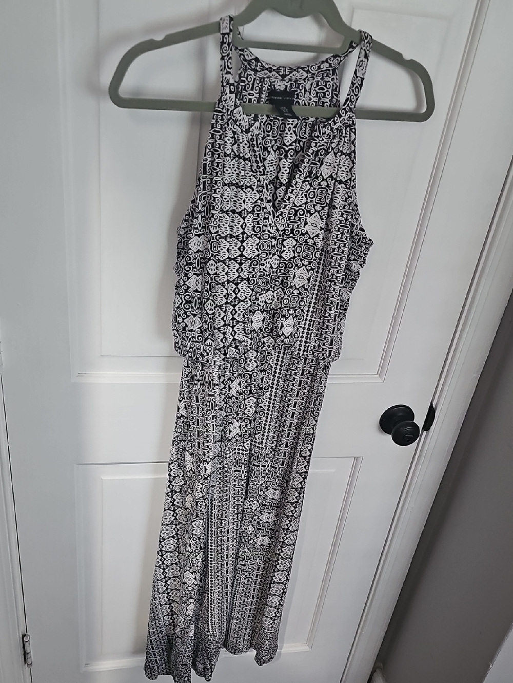 Adrienne Vittadini Black & White Printed Halter Maxi Jumpsuit